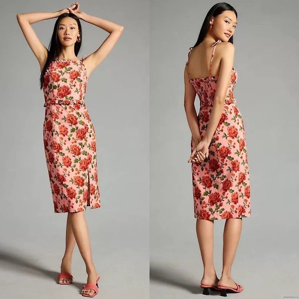 Anthropologie Pink Floral Midi Dress